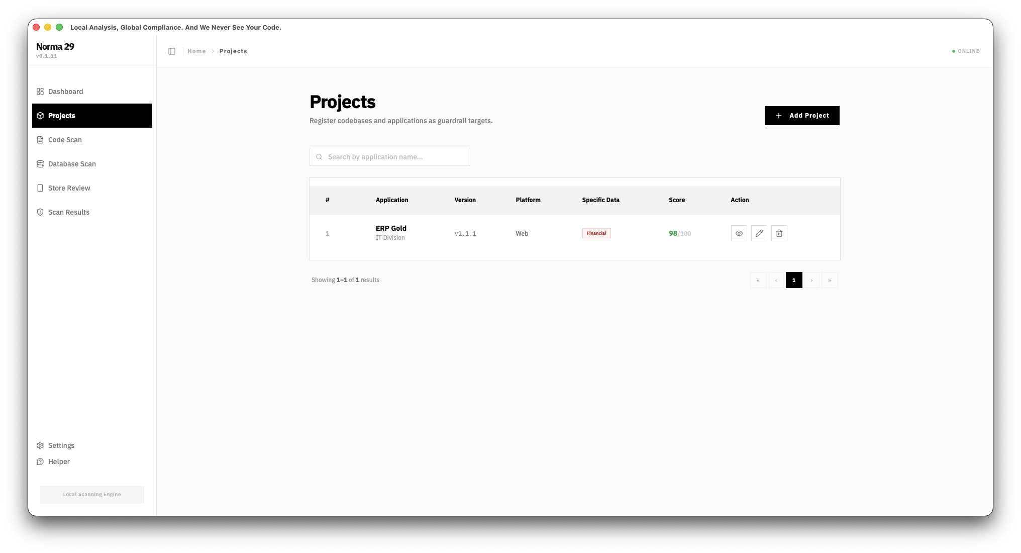 The projects screen, listing a registered application with its version, platform and declared data types.